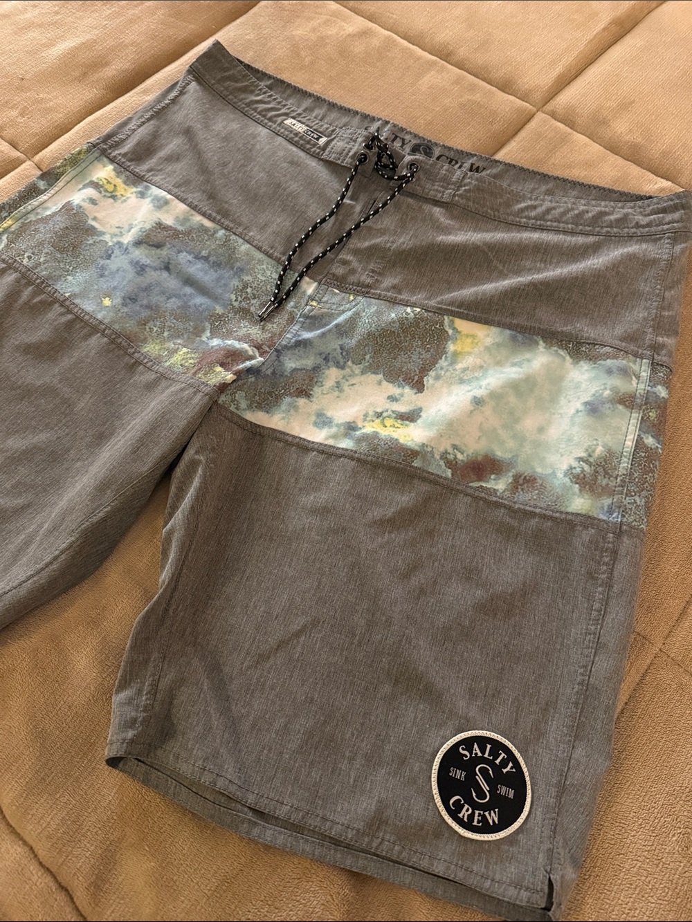 Salty Crew Gray Swim Board Shorts with Coastal Watercolor Panel